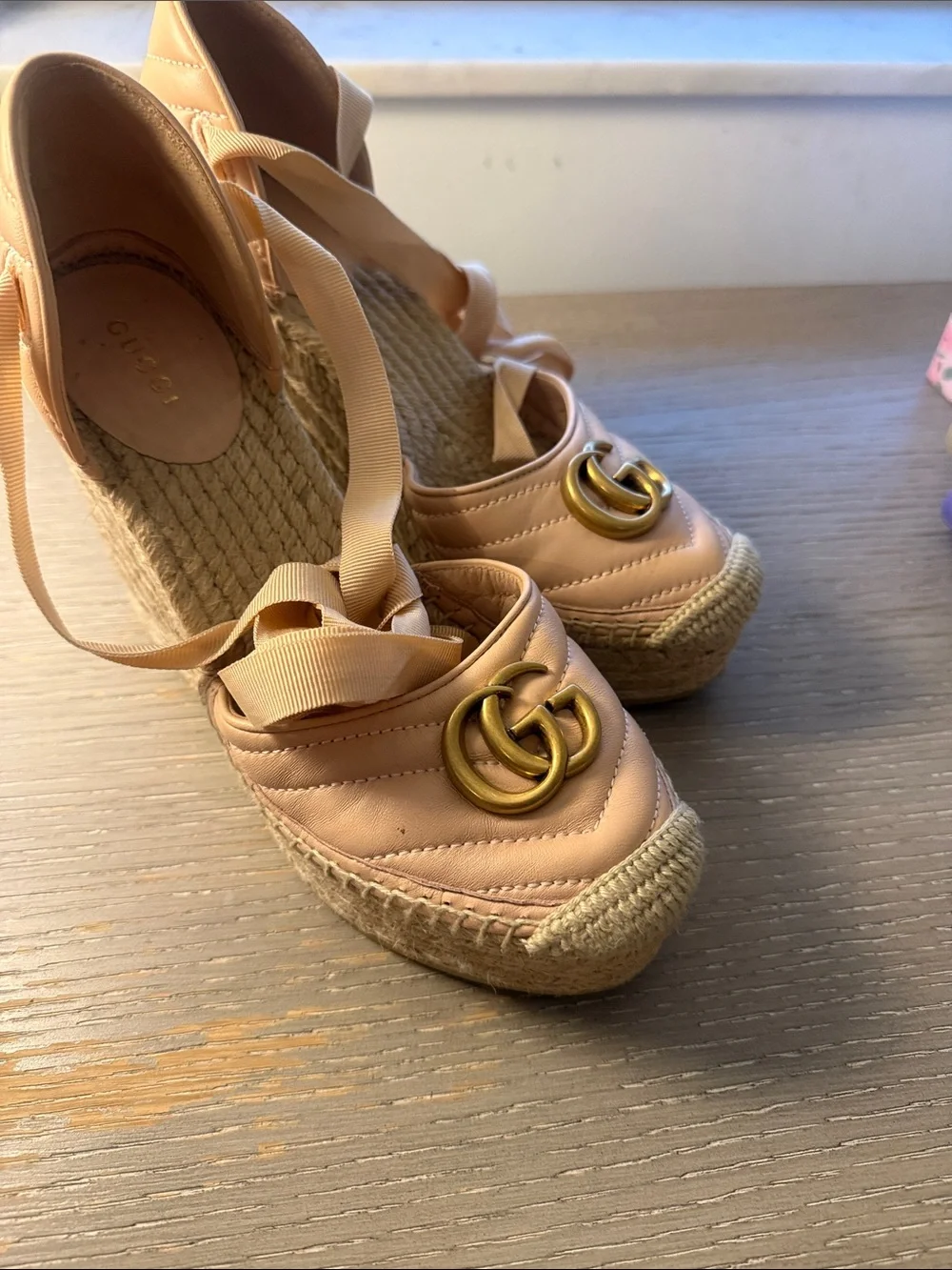 Gucci Nude Pink Espadrille Wedge Sandals with Gold Double G